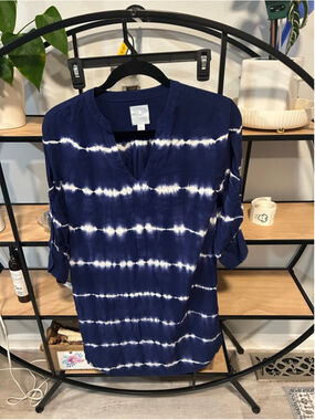 Women's Sunday Navy White Tie-Dye Long Sleeve Tee XS